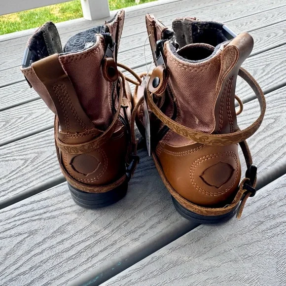 Bunker Sara Moto Boots Womens 9.5 Brown Leather Wrap Strap Combat - Picture 5 of 11